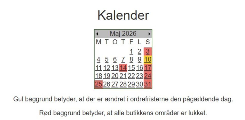 Kalenderen viser maj 2026 med specifikke datoer markeret. Gul baggrund indikerer ændringer i ordrefristen for den pågældende dag, mens rød baggrund viser, at alle butikkens områder er lukket.